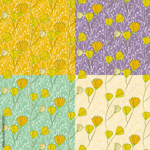 Vector seamless half-drop pattern, with leaves and flowers