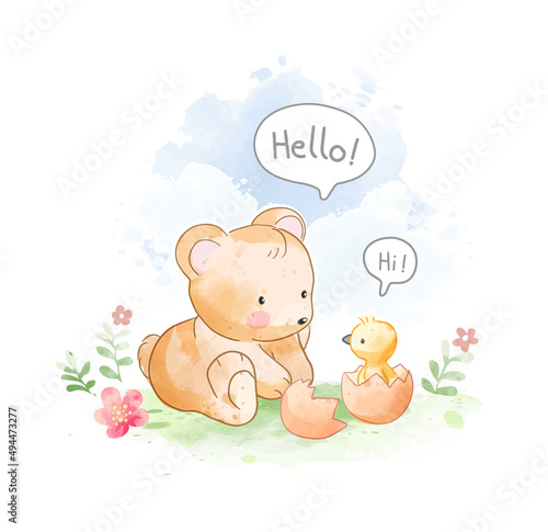 Cute bear and little duck on flowers field illustration