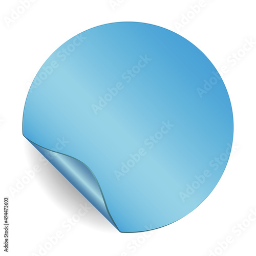 blank blue round sticker with curled up side, circular sticker template vector illustration