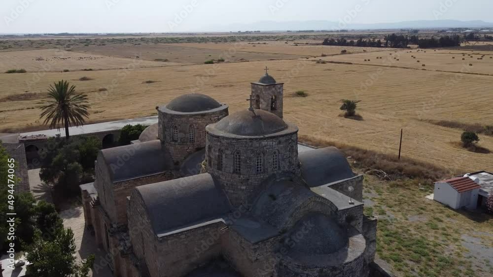 Aerial 4k view of Saint Barnabas Monastery with its surrounding and sea view in Famagusta, North Cyprus Aerial 4k view of Saint Barnabas Monastery with its surrounding and sea view in Famagusta, North Cyprus