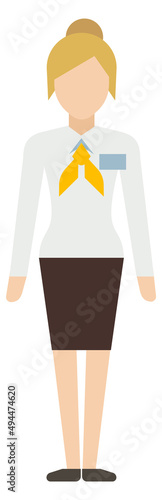 Female consultant. Standing woman with badge. Assistant character