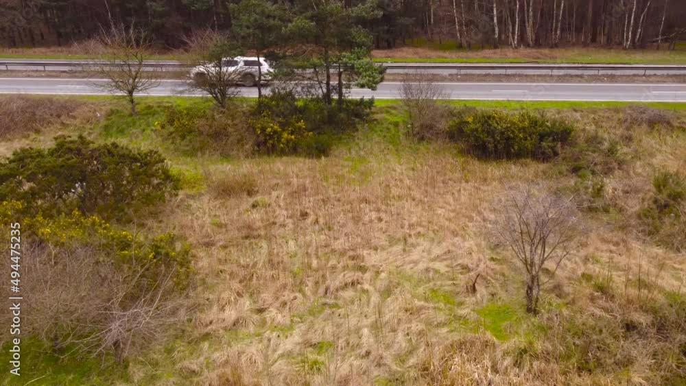 Aerial backward moving shot of a highway amidst lush vegetation in the countryside of on the outskirts of England forest, Thetford, United Kingdom. Aerial backward moving shot of a highway amidst lush vegetation in the countryside of on the outskirts of England forest, Thetford, United Kingdom.