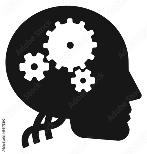 Thinking proccess icon. Black human head with working gears