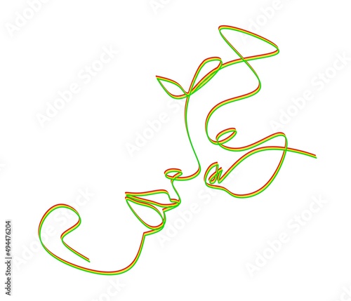 Abstract one line art drawing red, yellow and green female head and cat on white background