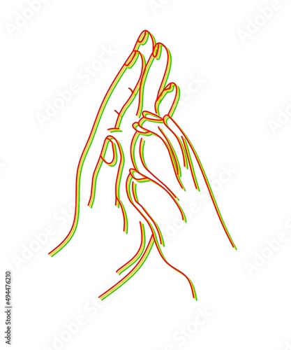 art of drawing human and dog palms in red, yellow and green on a white background