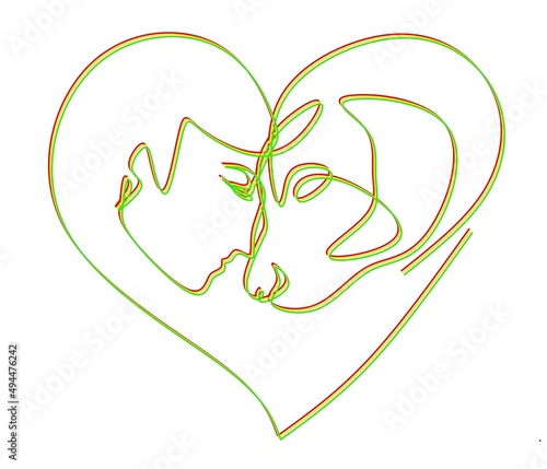 Abstract one line art drawing red, yellow and green female head and cat on white background