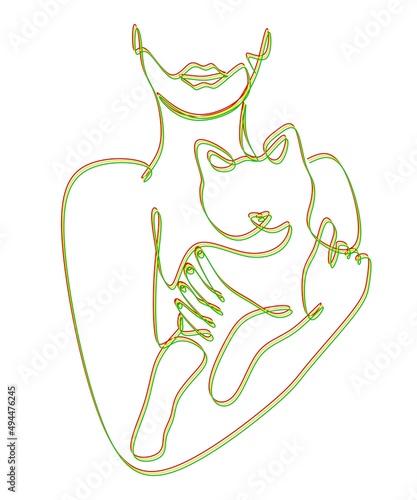 Abstract one line art drawing red, yellow and green woman and cat on white background