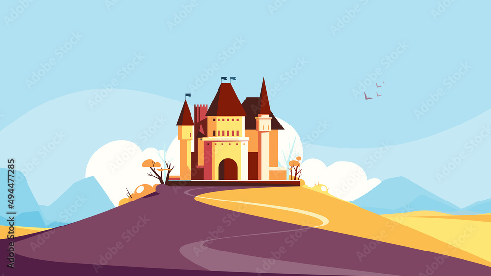 Naklejka premium Castle on the hill in autumn season. Nature landscape with architecture object.