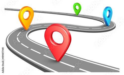 Curved road with navigation geo marks. Driving route