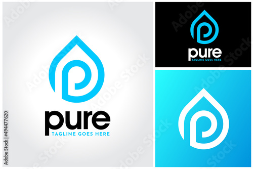 Initial Letter P with Droplet Fresh Water Drop Aqua logo design