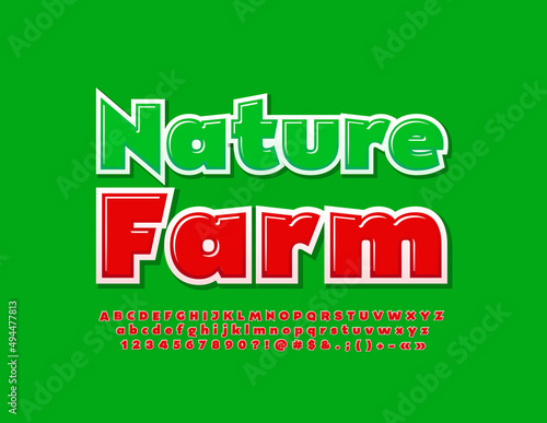 Vector quality badge Nature Farm. Modern Alphabet Letters, Numbers and Symbols set. Red creative Font © Popskraft