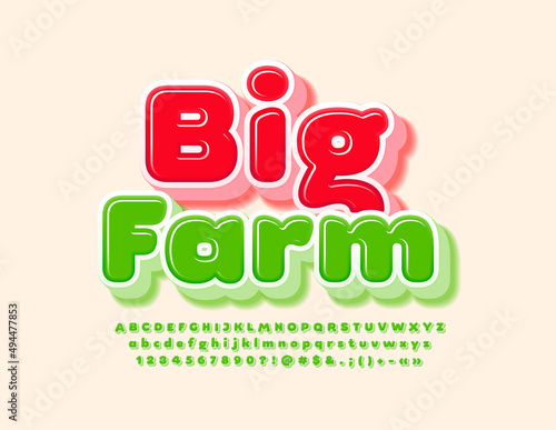 Vector modern banner Big Farm. 3D Green Font. Creative Alphabet Letters, Numbers and Symbols set