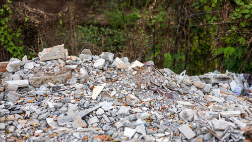 Close-up view of concrete rubble, bricks and small pieces of wood.
