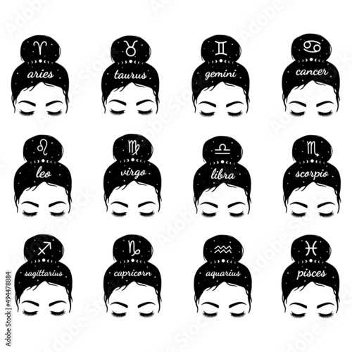 Sign of zodiac. Astrological zodiac symbols with messy bun. Female faces  with zodiac sign. Messy Bun Mom Lifestyle. Vector illustration. Good for posters, t shirts, postcards.