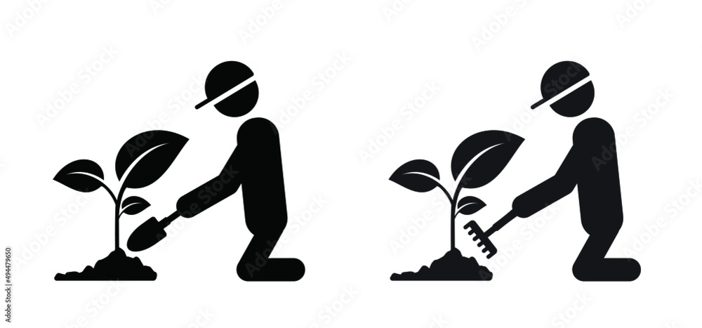 Stickman, stick figure man with shovel and rake. Vegetable, kitchen garden logo. Vector Gardener icon or pictogram. Garden maintenance tools. Farm, farmer worker. Plant with leaf. Stickman, stick figure man with shovel and rake. Vegetable, kitchen garden logo. Vector Gardener icon or pictogram. Garden maintenance tools. Farm, farmer worker. Plant with leaf.