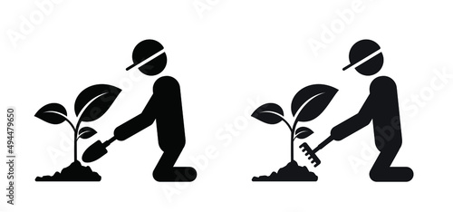 Stickman, stick figure man with shovel and rake. Vegetable, kitchen garden logo. Vector Gardener icon or pictogram. Garden maintenance tools.  Farm, farmer worker.  Plant with leaf.