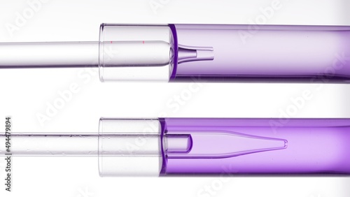 Two test tubes with purple liquid and lab droppers inside on white background | Abstract face care cosmetics formulation concept