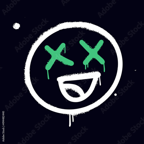 Scary hand drawn dead emoji, spray brush emoticon icon with crosses on black background. Urban graffiti decorative vector illustration. Vandal street art, free wild style on the wall city