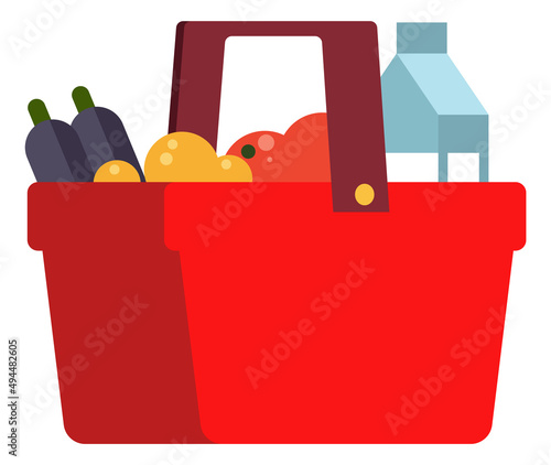 Red market basket with food. Retail store purchases