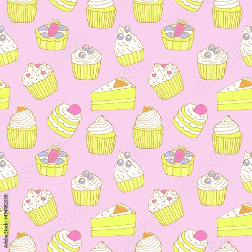 Cupcakes and cakes seamless pattern vector illustration, hand drawing doodles, pink background