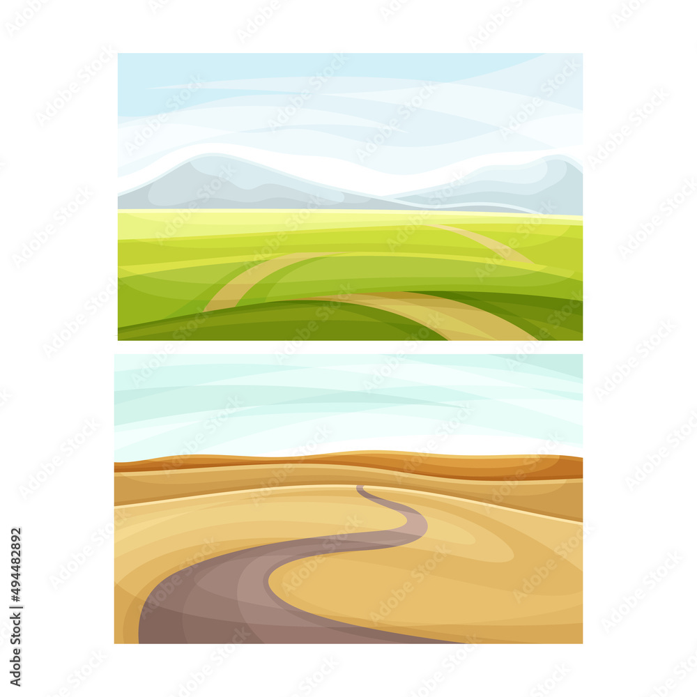 Scenes of nature with yellow and green field and road. Autumn and summer landscape vector illustration