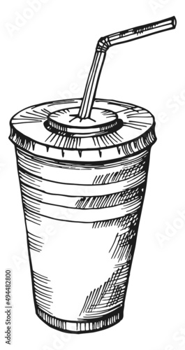 Fast food plastic cup with straw. Hot or cold drink
