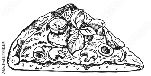 Pizza slice sketch. Hand drawn piece of italian fast food