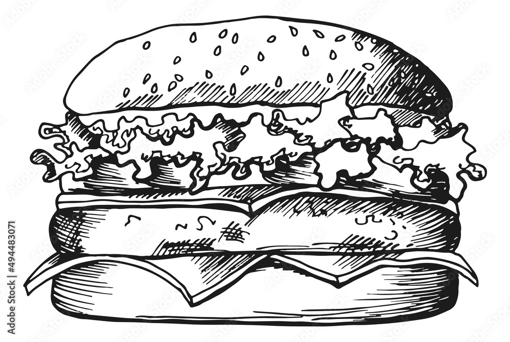 Burger engraving. Tasty fast food menu symbol