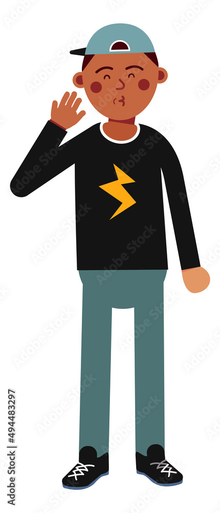 Black boy making greeting gesture. Fun flat character Black boy making greeting gesture. Fun flat character