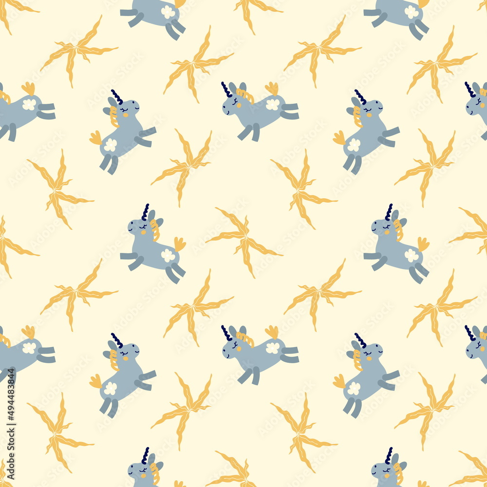 Doodle seamless pattern with unicorns and leaves. Perfect for T-shirt, textile and print. Hand drawn illustration for decor and design.