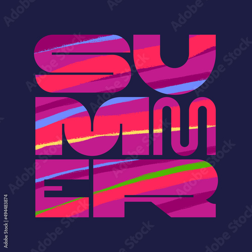 Summer card, poster or a logo design with textured background. Summer vacation or holidays. Trendy vector colorful lettering composition for print or web banner.