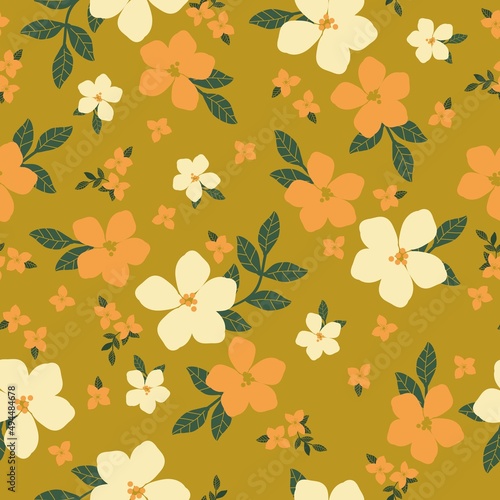 Seamless vintage pattern. white and orange flowers, green leaves. mustard background. vector texture. fashionable print for textiles, wallpaper and packaging.