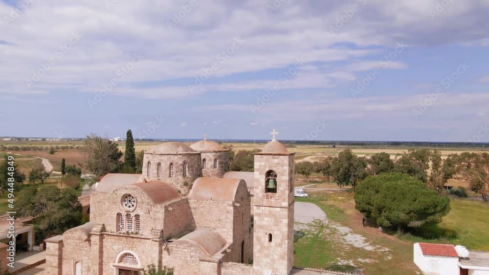 Aerial 4k view of Saint Barnabas Monastery with its surrounding and sea view in Famagusta, North Cyprus Aerial 4k view of Saint Barnabas Monastery with its surrounding and sea view in Famagusta, North Cyprus
