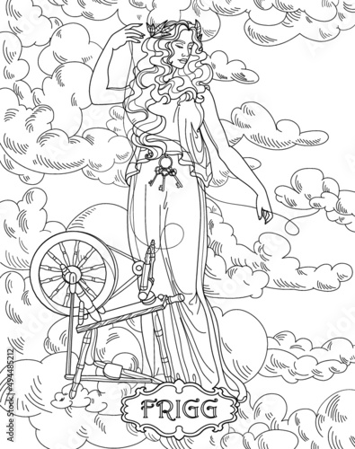 Frigg.Coloring book for adults. Scandinavian mythology. Black and white illustration.