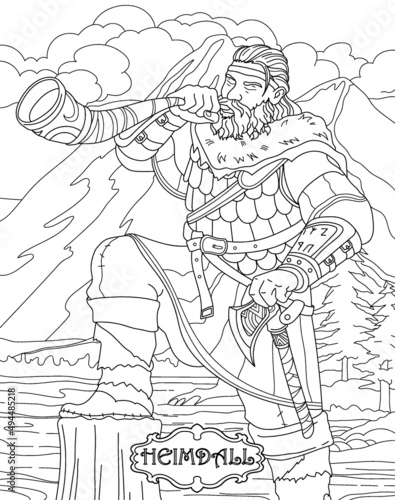 Heimdall. Coloring book for adults. Scandinavian mythology. Black and white illustration.