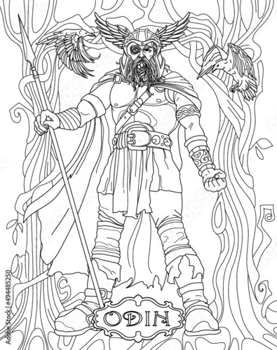 Odin. Coloring book for adults. Scandinavian mythology. Black and white illustration.