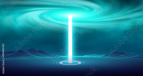 Wireframe retro landscape. Futuristic blue neon light portal. Magical glittering stardust illumination. Blinking energy stream. Hologram station.