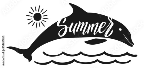 Summer logo. Dolphin jumping above sea waves in sunlight