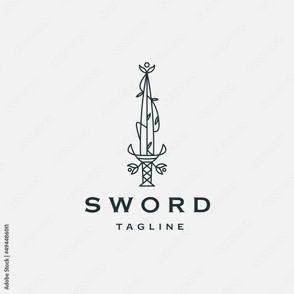 Sword nature leaf line logo icon design template