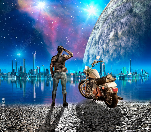 Sexy girl with a motorcycle. A big moon illuminates the city.