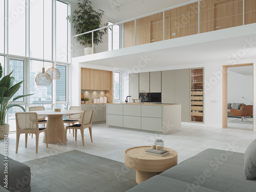 3D Illustration. Modern kitchen in loft apartment. photo