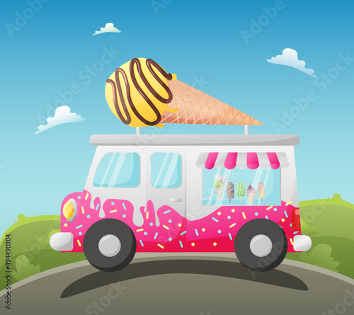 colorful ice cream truck on scenic background