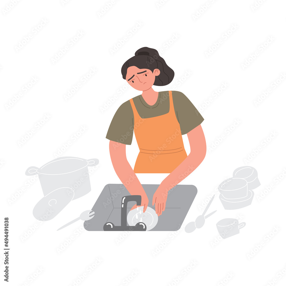 Woman loaded with household duties. A sad, tired young girl is washing dishes. An unhappy housewife tired of housework. Vector flat illustration on a white isolated background. Woman loaded with household duties. A sad, tired young girl is washing dishes. An unhappy housewife tired of housework. Vector flat illustration on a white isolated background.