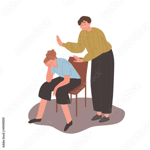 Tired mom is sitting on the chair. The husband calms the wife. An exhausted woman parental responsibilities. Family support. The concept of the difficulties of motherhood. Vector flat illustration.