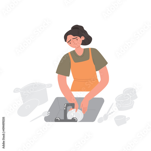 Woman loaded with household duties. A sad, tired young girl is washing dishes. An unhappy housewife tired of housework. Vector flat illustration on a white isolated background.
