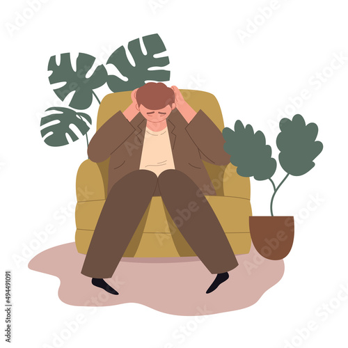 A tired man is sitting on a armchair.  The unhappy male is sad alone. Bad mood, depressive state. Vector flat illustration on an isolated white background.