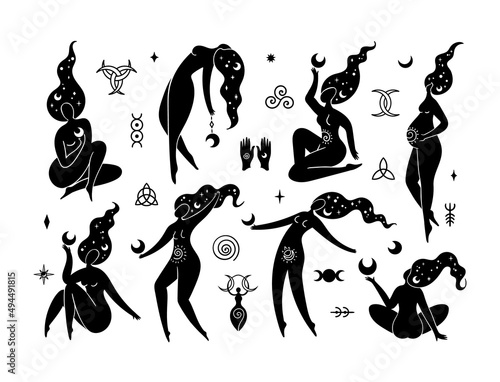 Moon Goddess isolated cliparts bundle, celestial women collection, Wiccan lunar goddess and moon symbols, mystical witches silhouette, esoteric objects - black and white vector