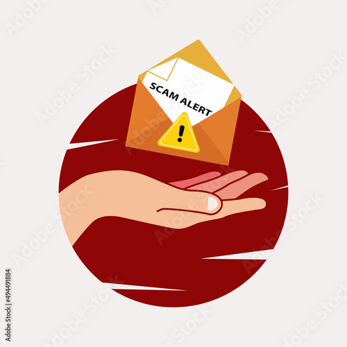 Scam alert over hand attention vector illustration