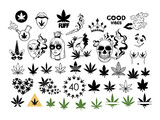 Weed leaves hand drawn cliparts bundle, Cannabis pot leaf isolated items on white, Marijuana good vibes printable images set, smoking girl and skull