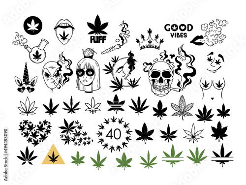 Weed leaves hand drawn cliparts bundle, Cannabis pot leaf isolated items on white, Marijuana good vibes printable images set, smoking girl and skull © Maria Zamchiy 